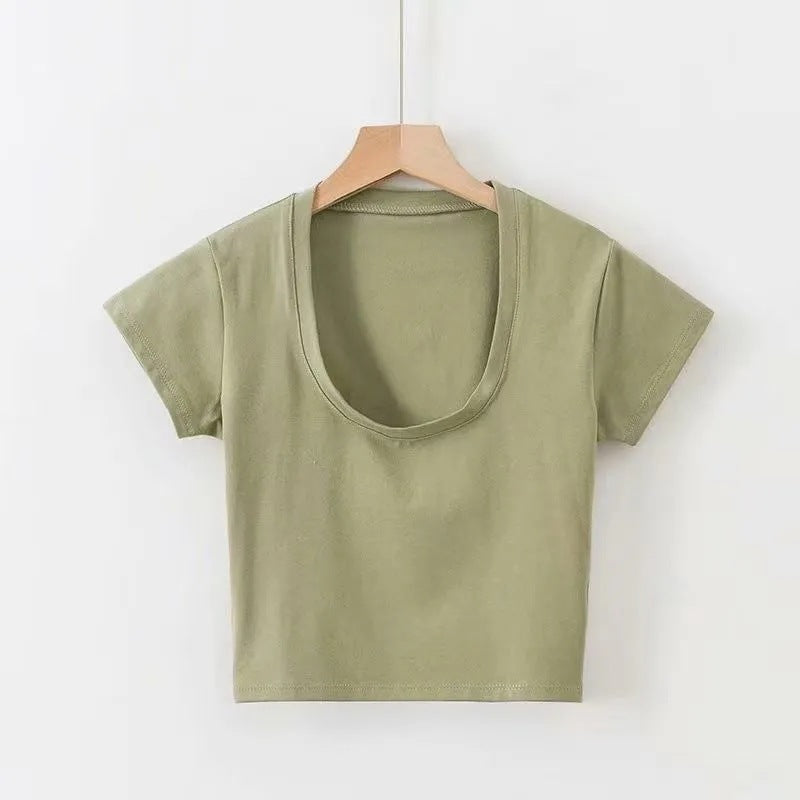 Camiseta corta básica de mujer, color sólido y ajuste ceñido