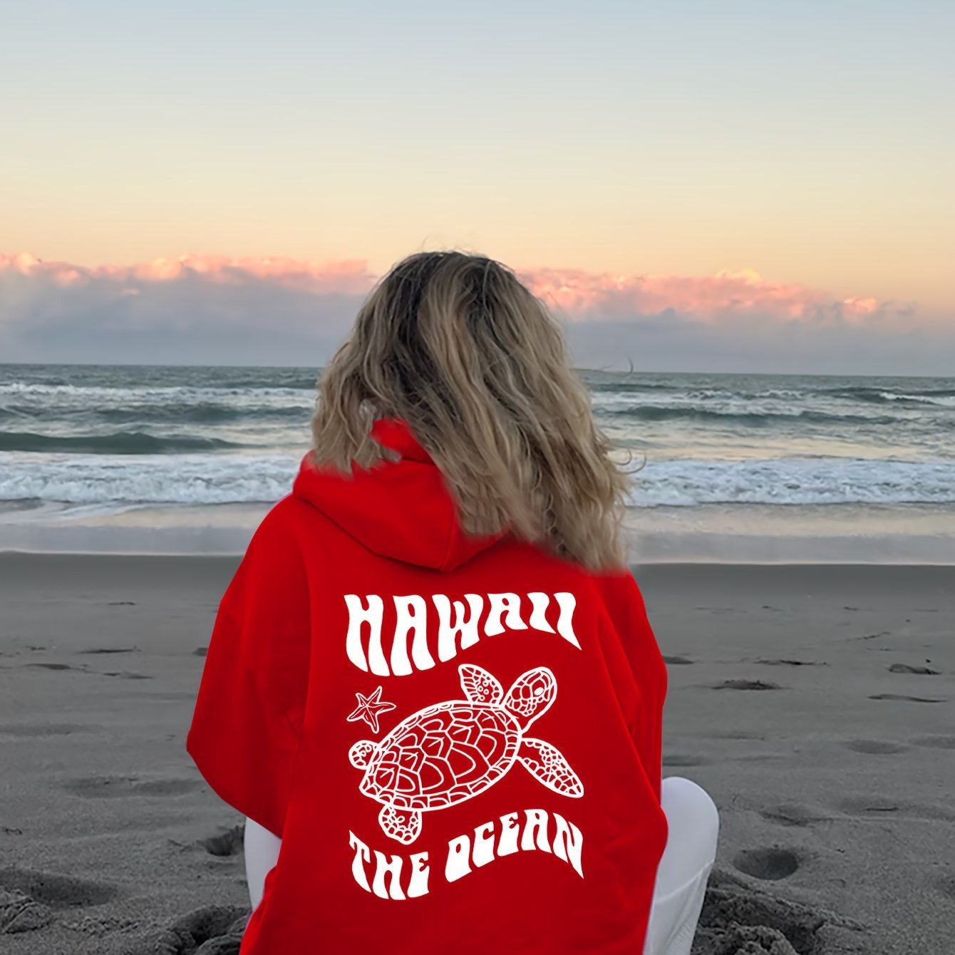 Sudadera con Capucha de Gamuza Cómoda con Estampado de Tortuga y Estrella de Mar