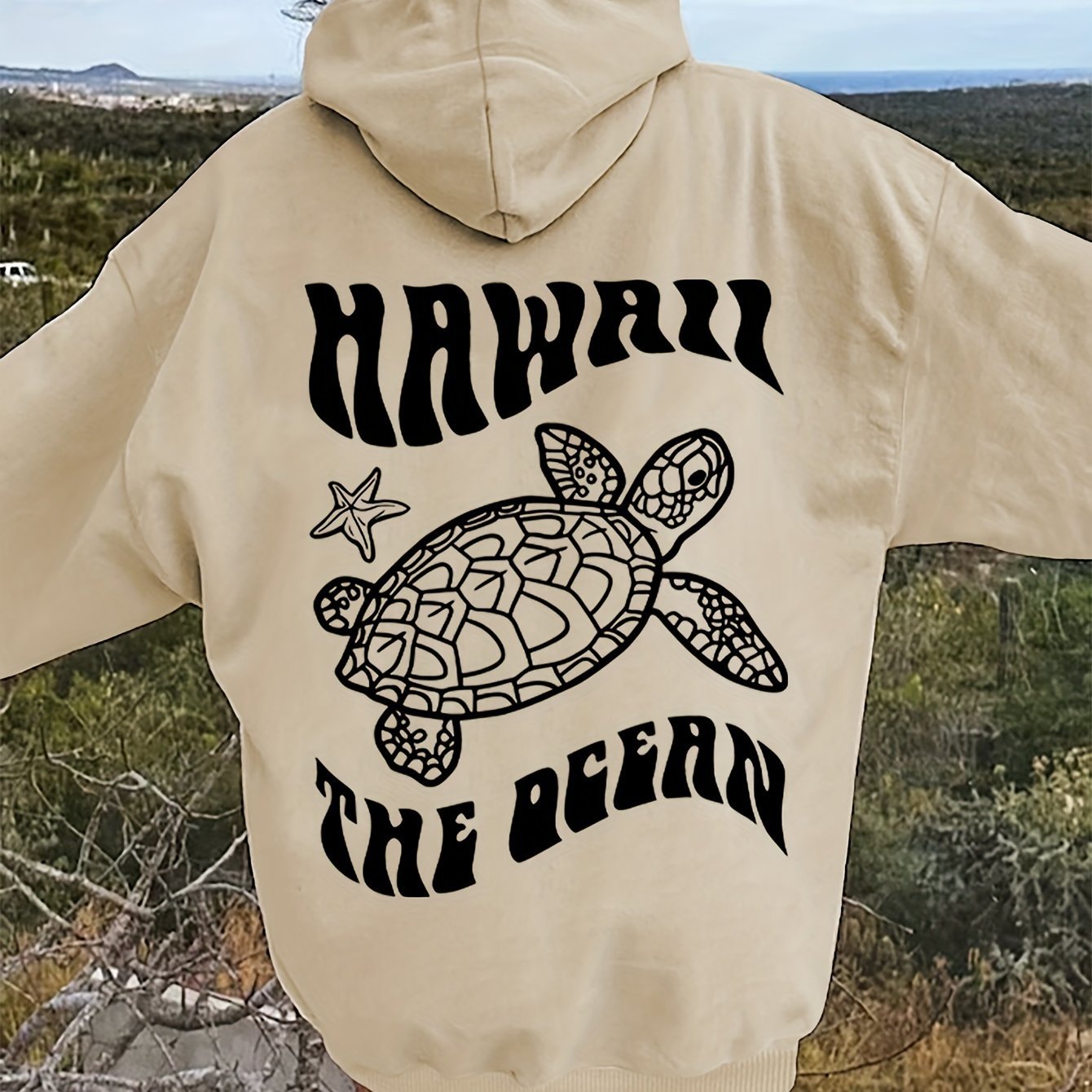 Sudadera con Capucha de Gamuza Cómoda con Estampado de Tortuga y Estrella de Mar