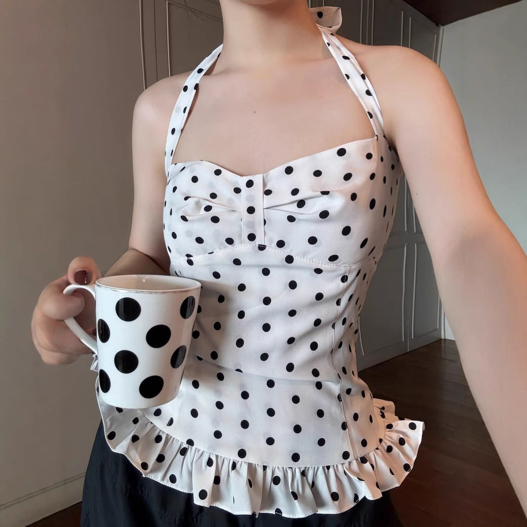 Camisola Halter Ajustada con Estampado de Lunares