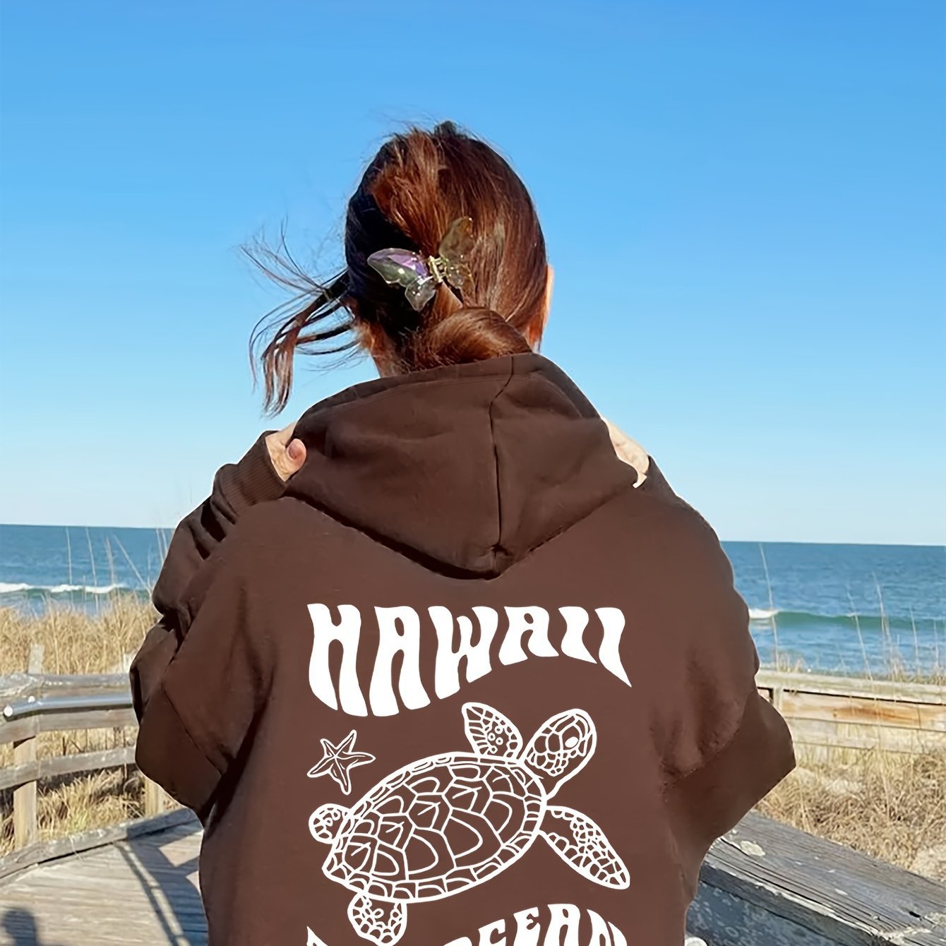 Sudadera con Capucha de Gamuza Cómoda con Estampado de Tortuga y Estrella de Mar