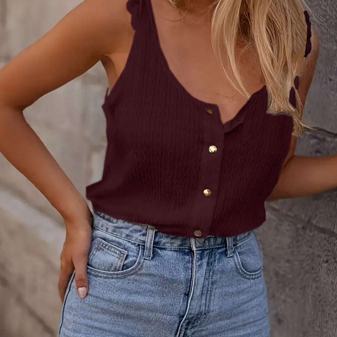 Top de Punto sin Mangas con Volantes y Cuello Redondo – Color Sólido, Estilo Dulce