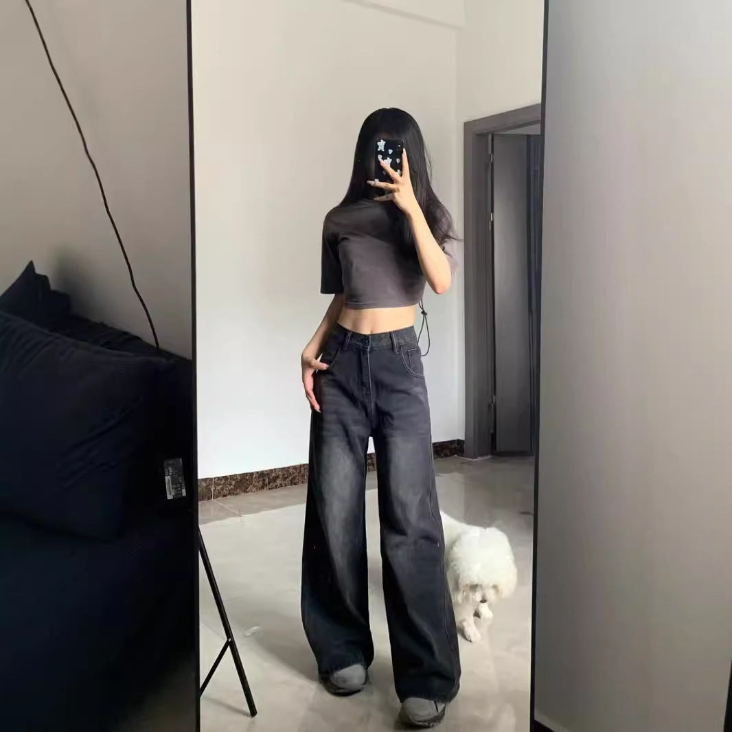 Pantalones Vaqueros Lavados de Talla Plus, Cintura Alta, Corte Suelto, Pierna Recta y Ancha