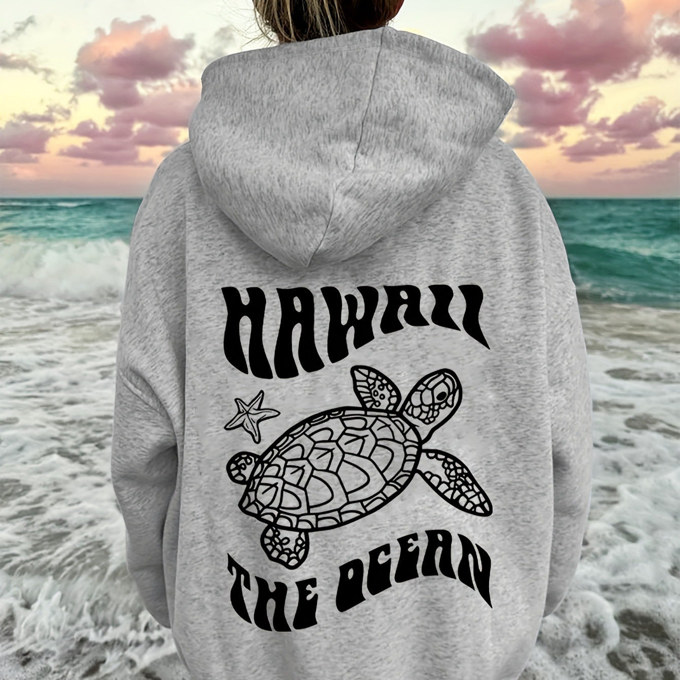 Sudadera con Capucha de Gamuza Cómoda con Estampado de Tortuga y Estrella de Mar