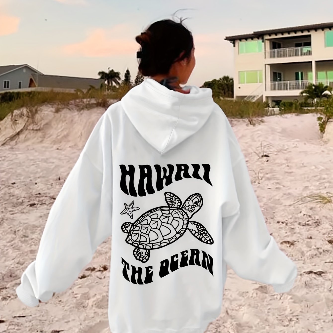Sudadera con Capucha de Gamuza Cómoda con Estampado de Tortuga y Estrella de Mar