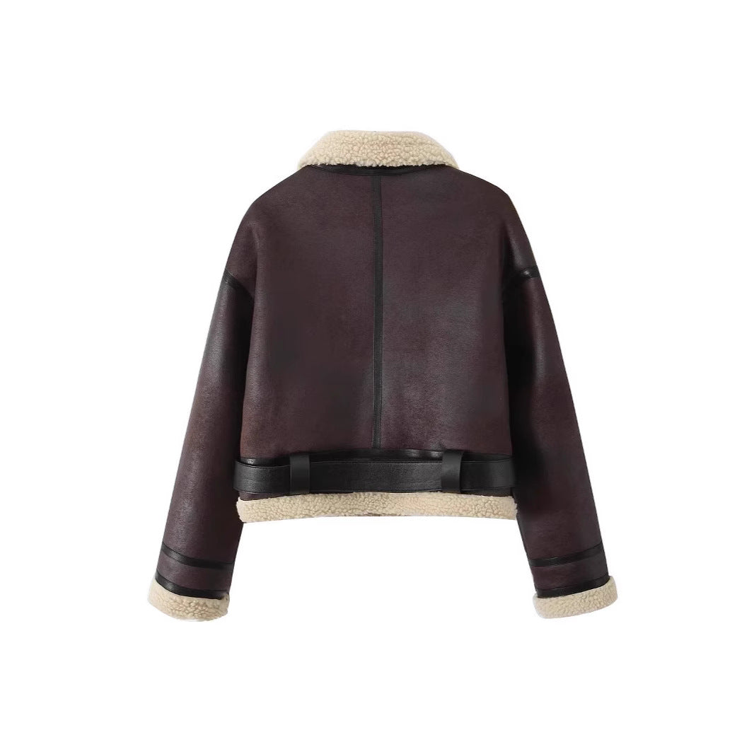 Chaqueta Corta Casual de Doble Cara con Cuello de Piel Integrado y Acolchado