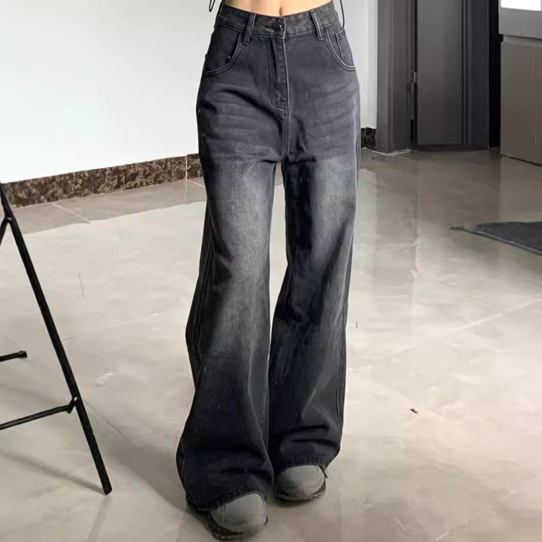Pantalones Vaqueros Lavados de Talla Plus, Cintura Alta, Corte Suelto, Pierna Recta y Ancha