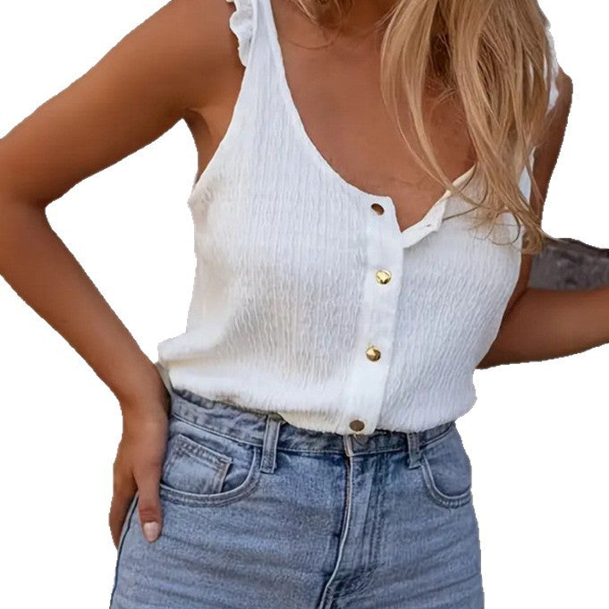 Top de Punto sin Mangas con Volantes y Cuello Redondo – Color Sólido, Estilo Dulce