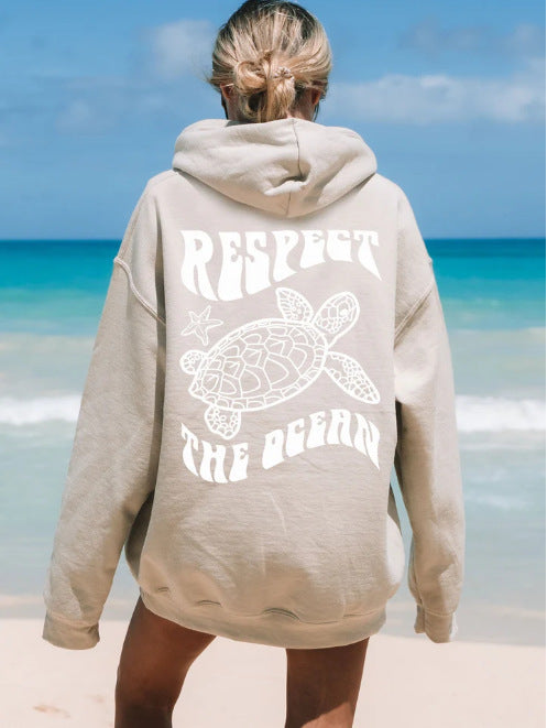 Sudadera con Capucha de Gamuza Cómoda con Estampado de Tortuga y Estrella de Mar