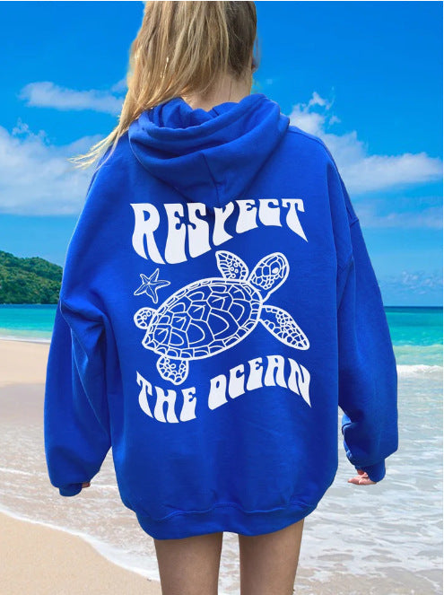 Sudadera con Capucha de Gamuza Cómoda con Estampado de Tortuga y Estrella de Mar