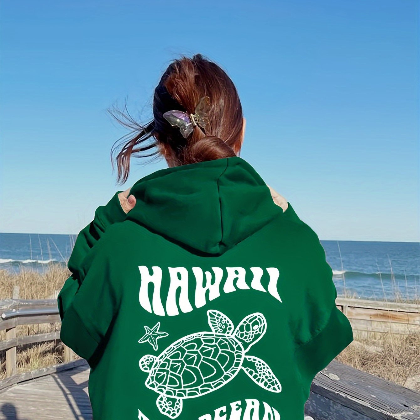 Sudadera con Capucha de Gamuza Cómoda con Estampado de Tortuga y Estrella de Mar