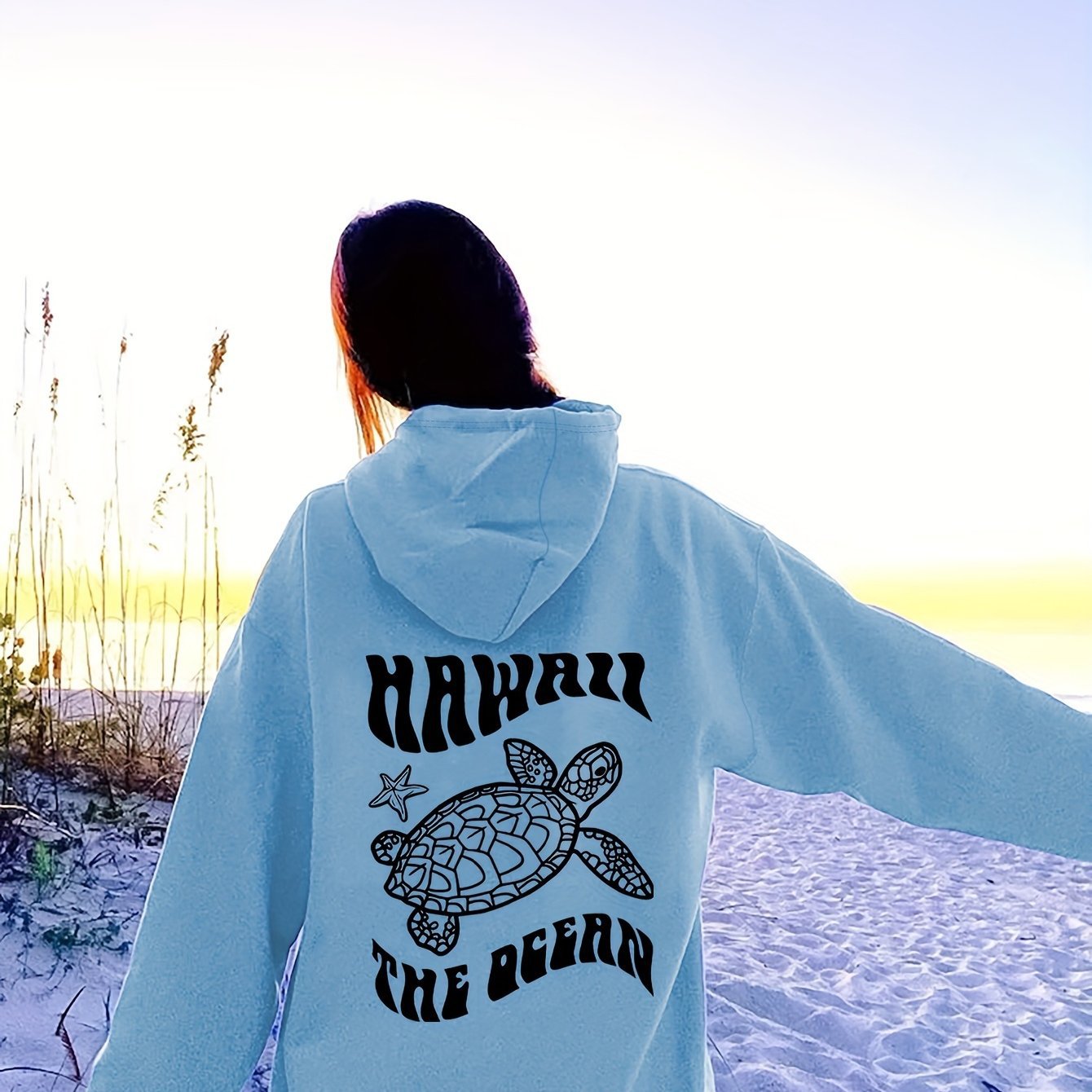 Sudadera con Capucha de Gamuza Cómoda con Estampado de Tortuga y Estrella de Mar