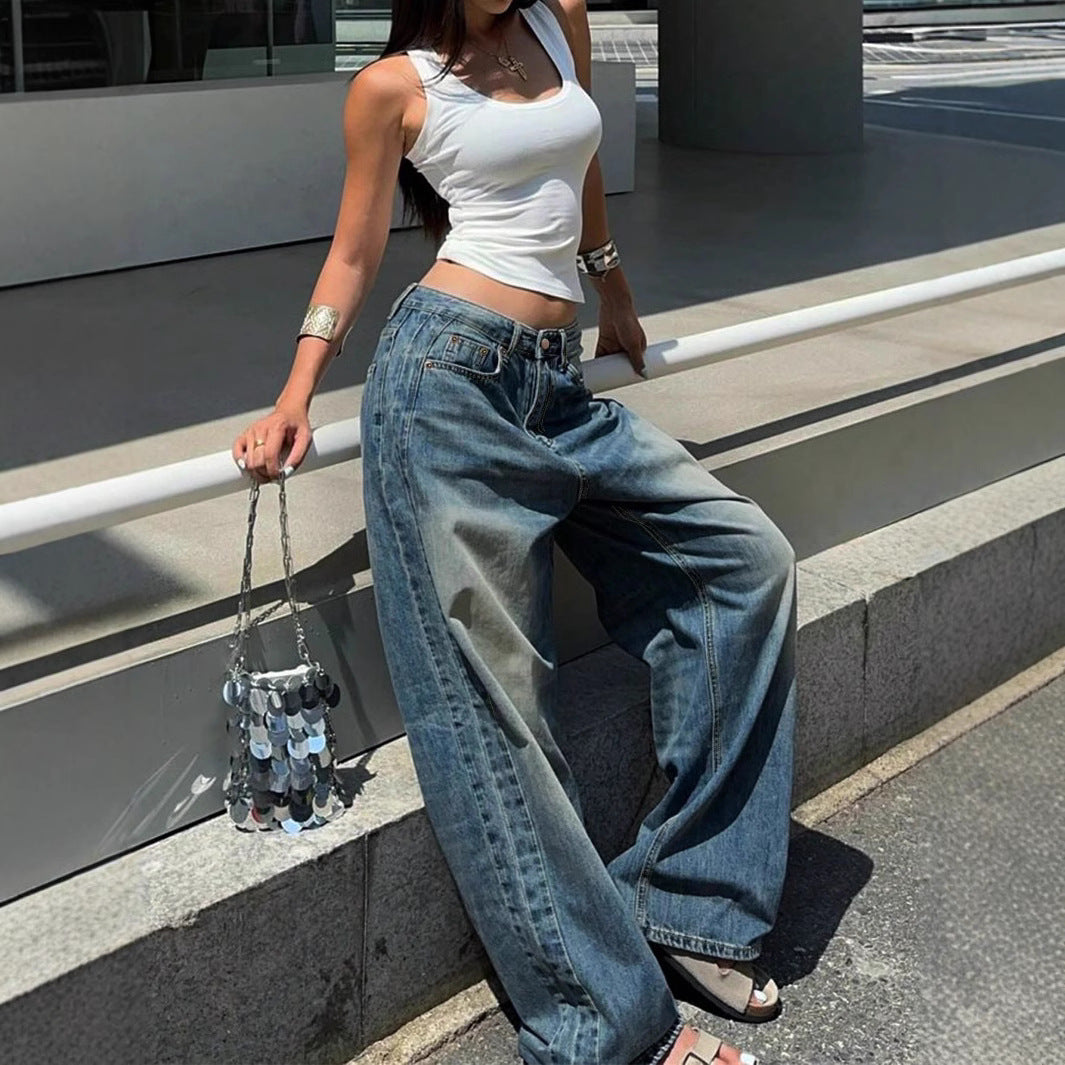 Pantalones vaqueros rectos tipo americano para mujer, casuales, de pierna ancha y con ruedo arrastrado.