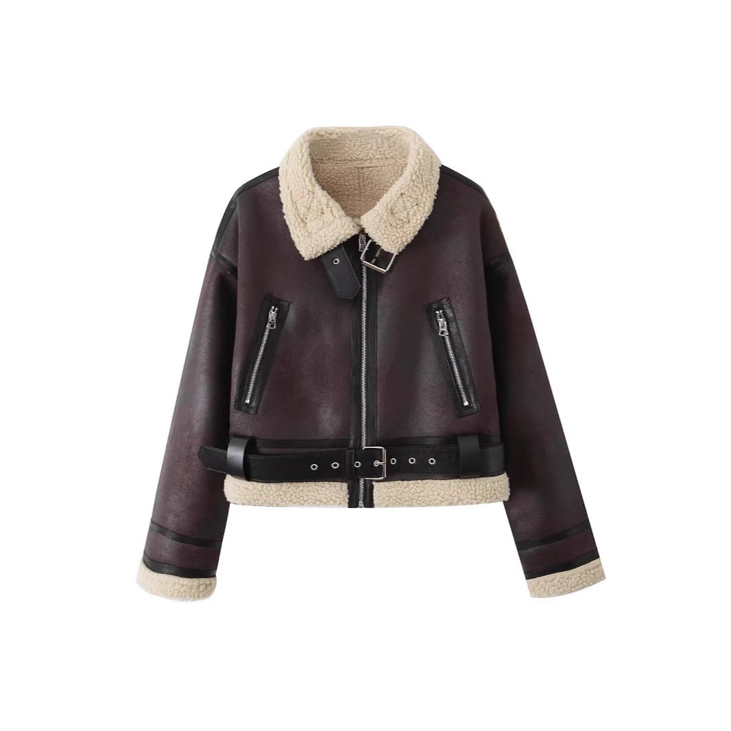Chaqueta Corta Casual de Doble Cara con Cuello de Piel Integrado y Acolchado