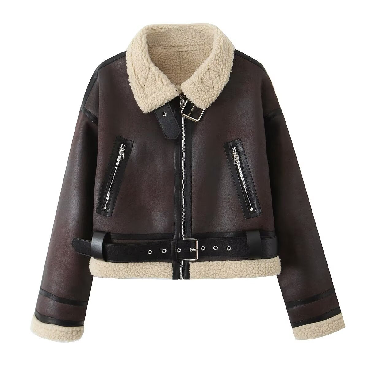 Chaqueta Corta Casual de Doble Cara con Cuello de Piel Integrado y Acolchado