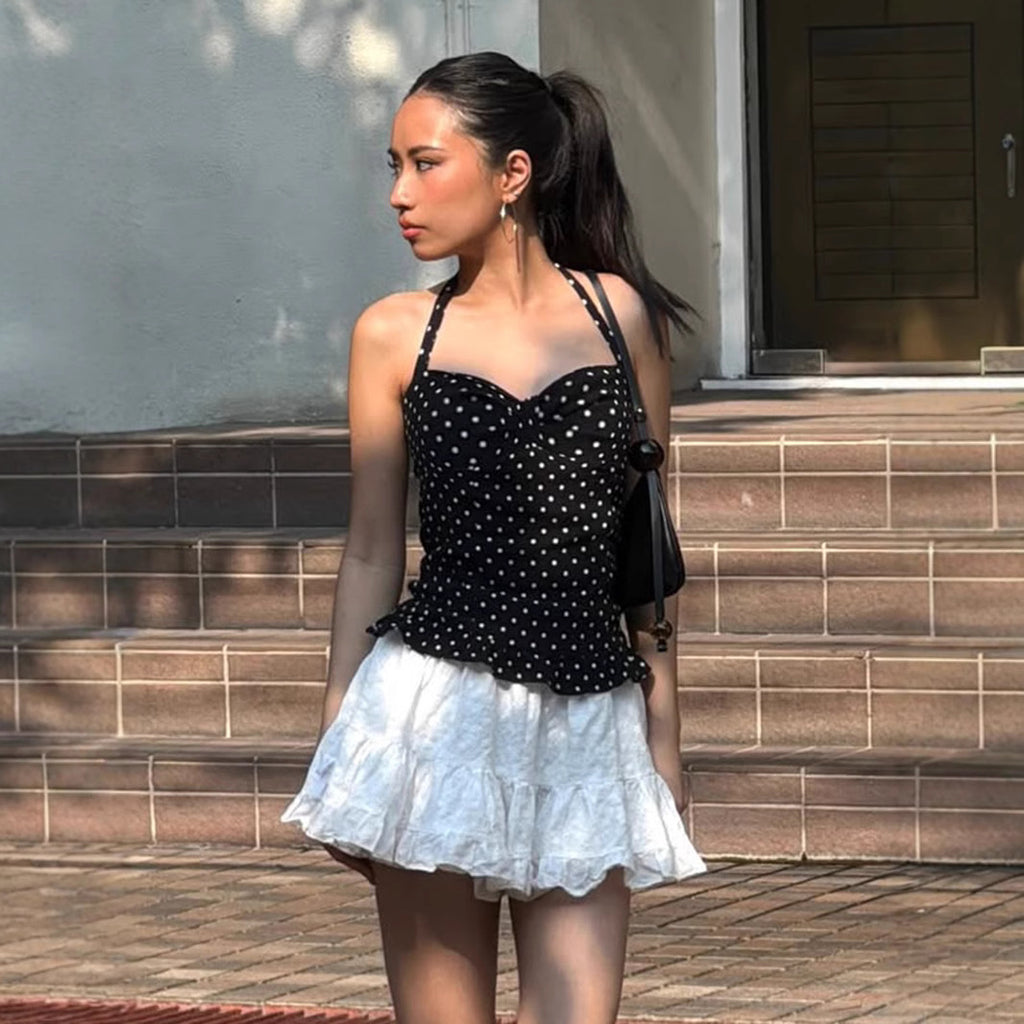 Camisola Halter Ajustada con Estampado de Lunares