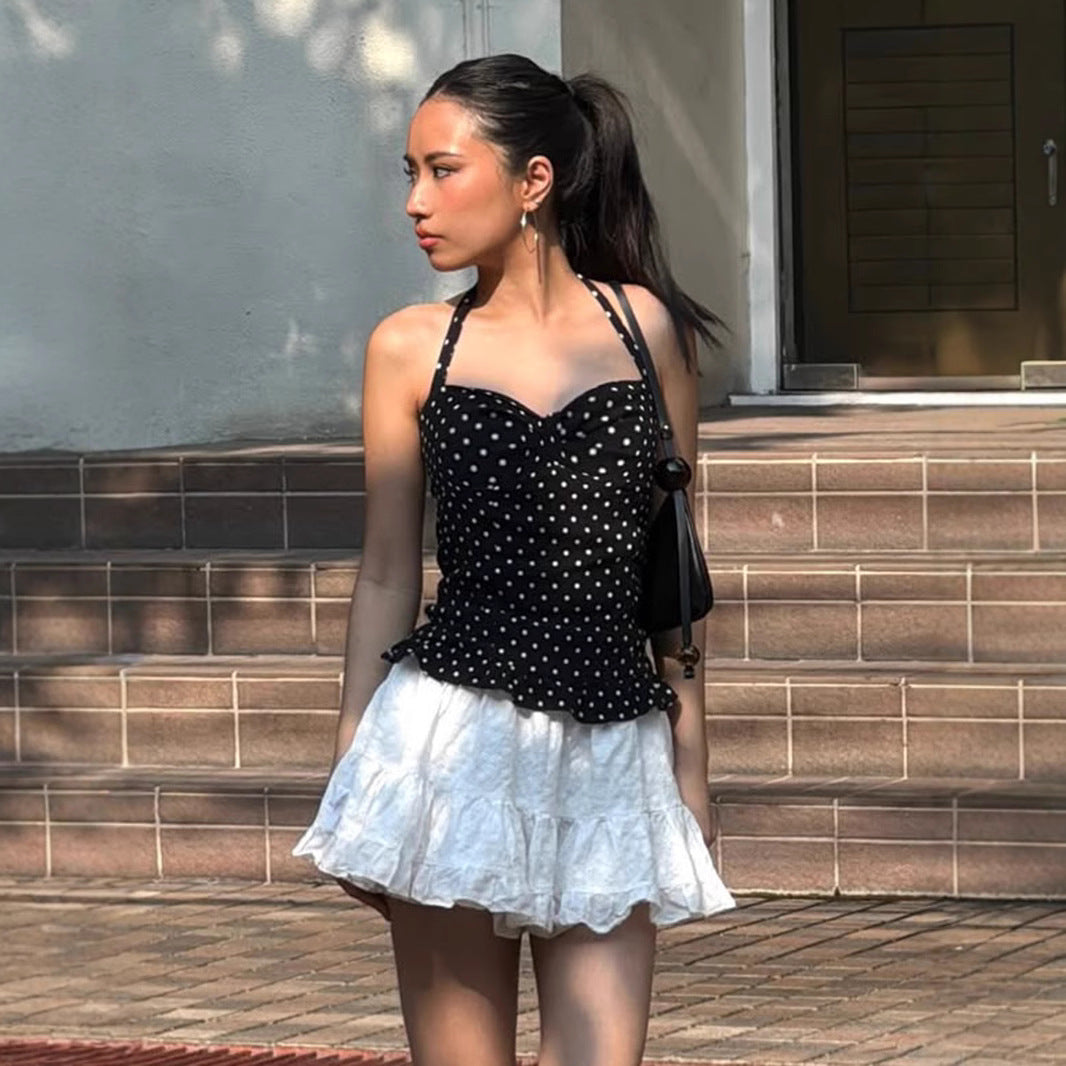 Camisola Halter Ajustada con Estampado de Lunares