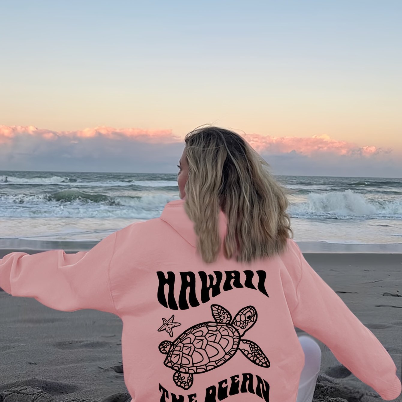 Sudadera con Capucha de Gamuza Cómoda con Estampado de Tortuga y Estrella de Mar