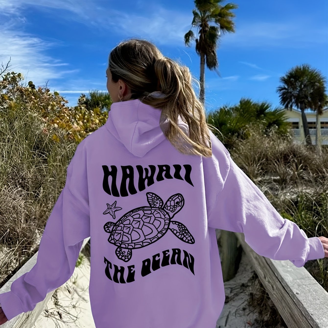 Sudadera con Capucha de Gamuza Cómoda con Estampado de Tortuga y Estrella de Mar
