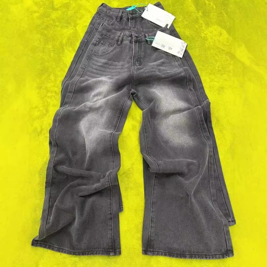Pantalones Vaqueros Lavados de Talla Plus, Cintura Alta, Corte Suelto, Pierna Recta y Ancha