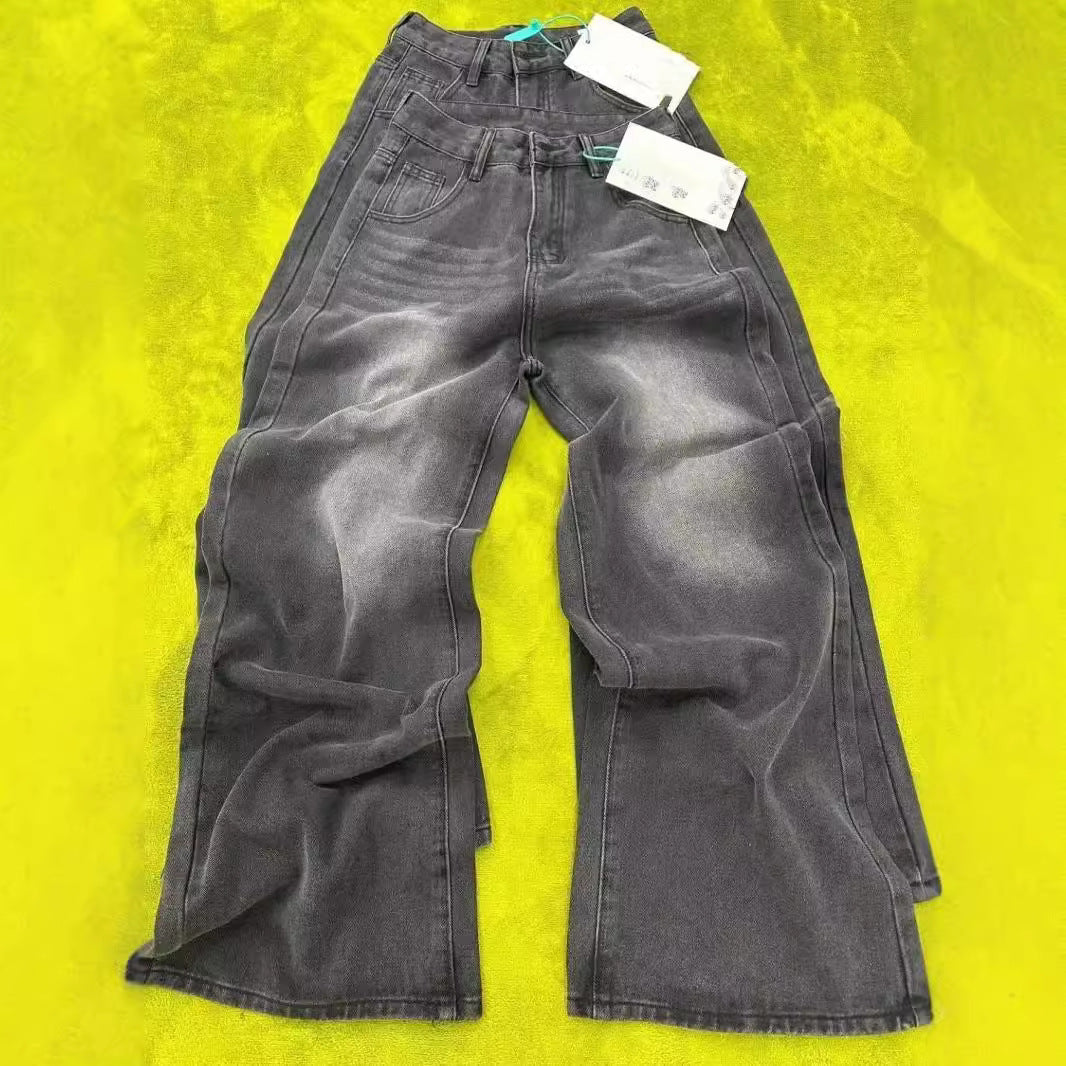 Pantalones Vaqueros Lavados de Talla Plus, Cintura Alta, Corte Suelto, Pierna Recta y Ancha