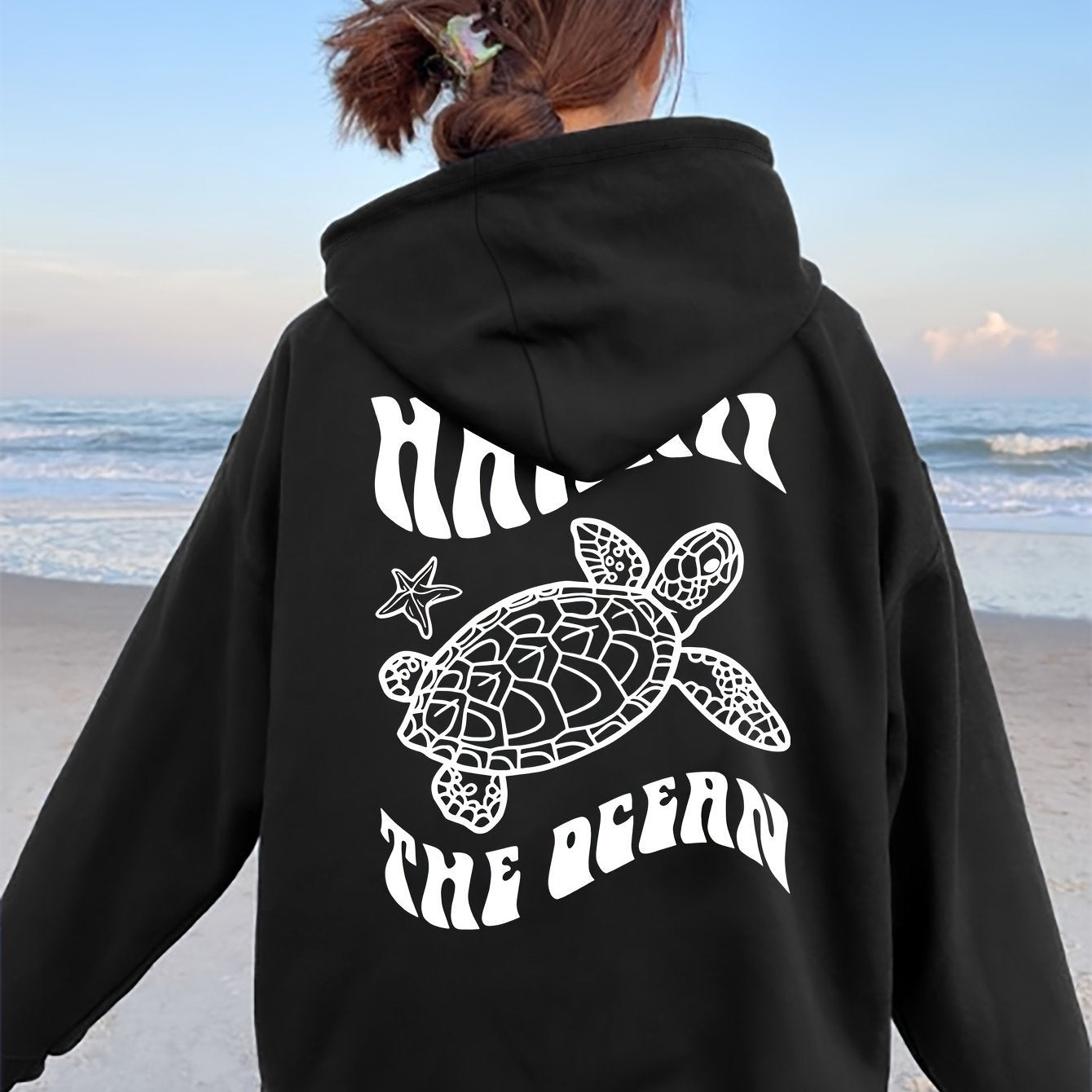 Sudadera con Capucha de Gamuza Cómoda con Estampado de Tortuga y Estrella de Mar