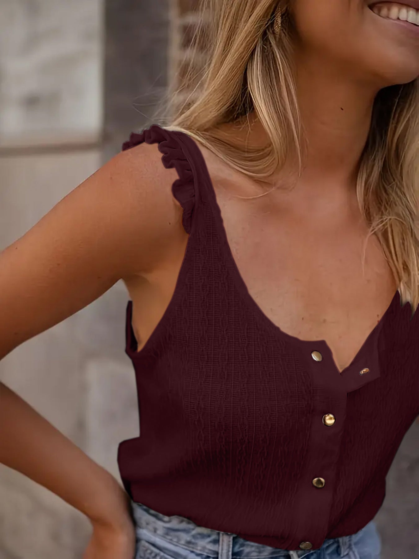 Top de Punto sin Mangas con Volantes y Cuello Redondo – Color Sólido, Estilo Dulce