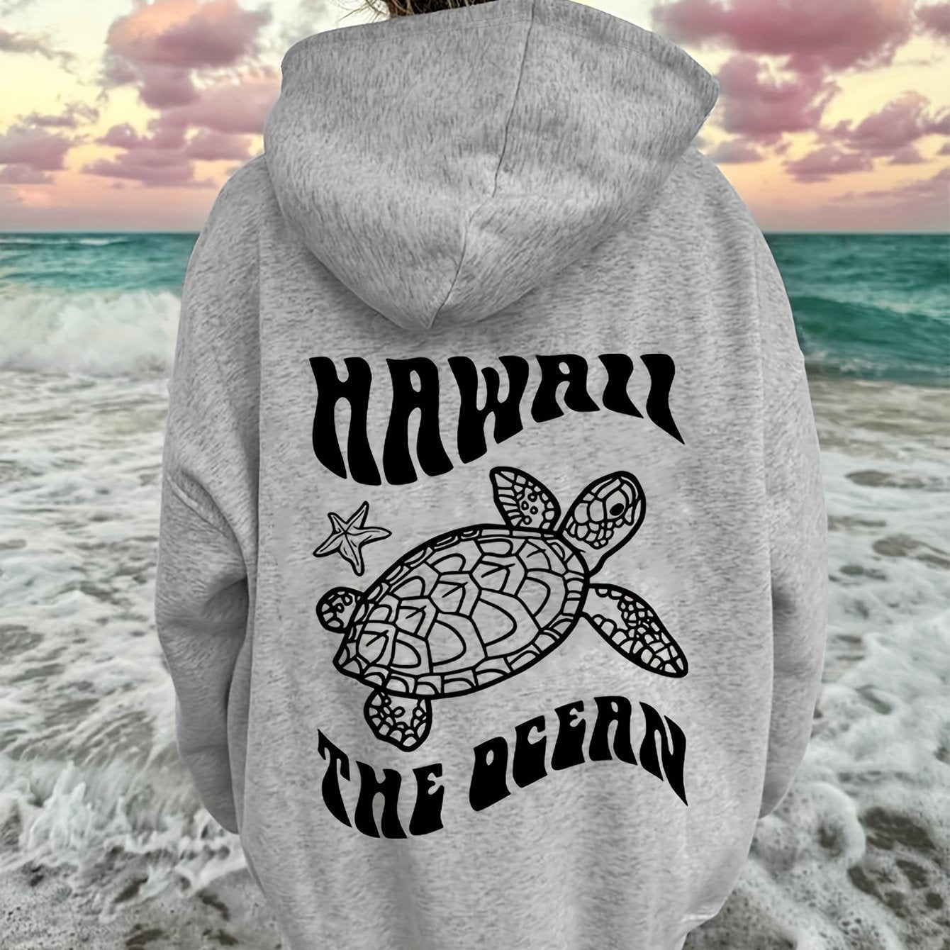 Sudadera con Capucha de Gamuza Cómoda con Estampado de Tortuga y Estrella de Mar