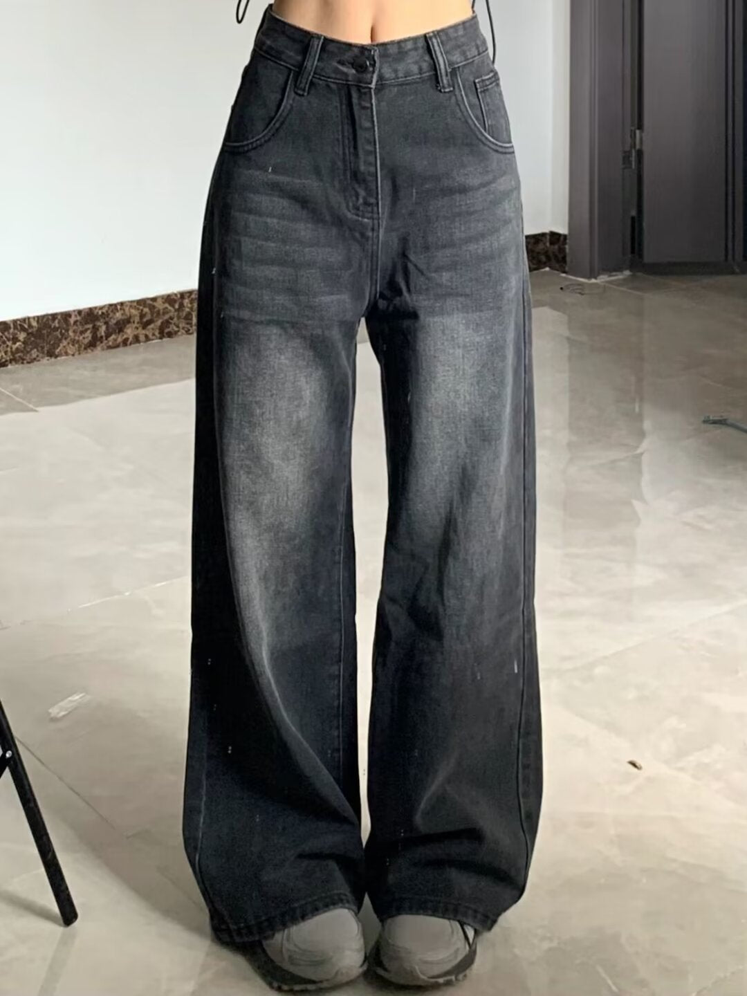 Pantalones Vaqueros Lavados de Talla Plus, Cintura Alta, Corte Suelto, Pierna Recta y Ancha