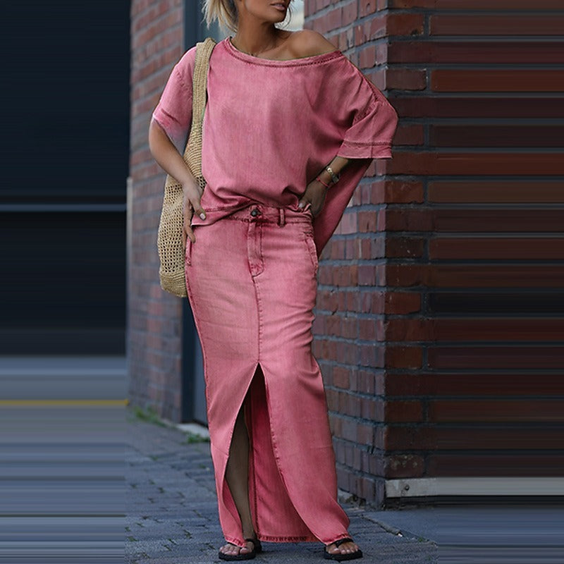 Conjunto de dos piezas para mujer: top de moda europea y americana con falda con abertura.