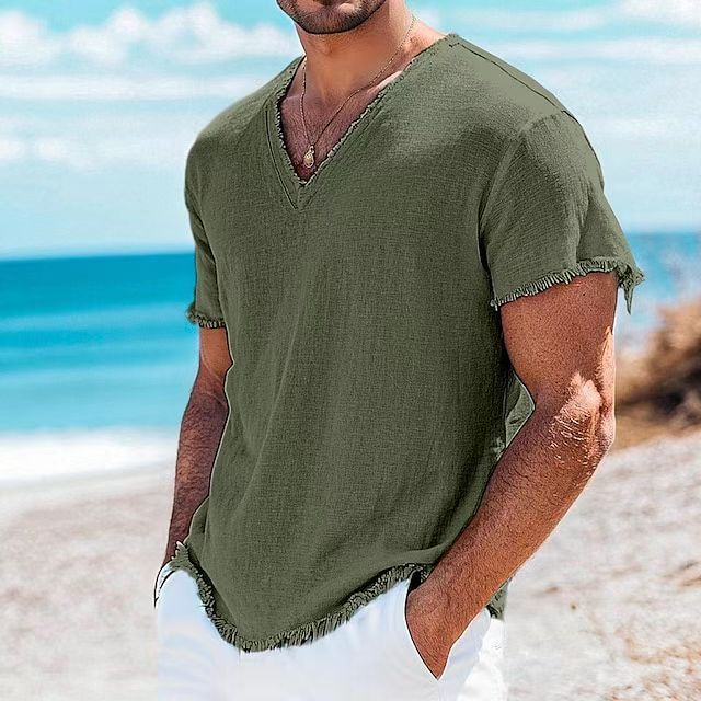 Playera de algodón y lino para hombre, manga corta
