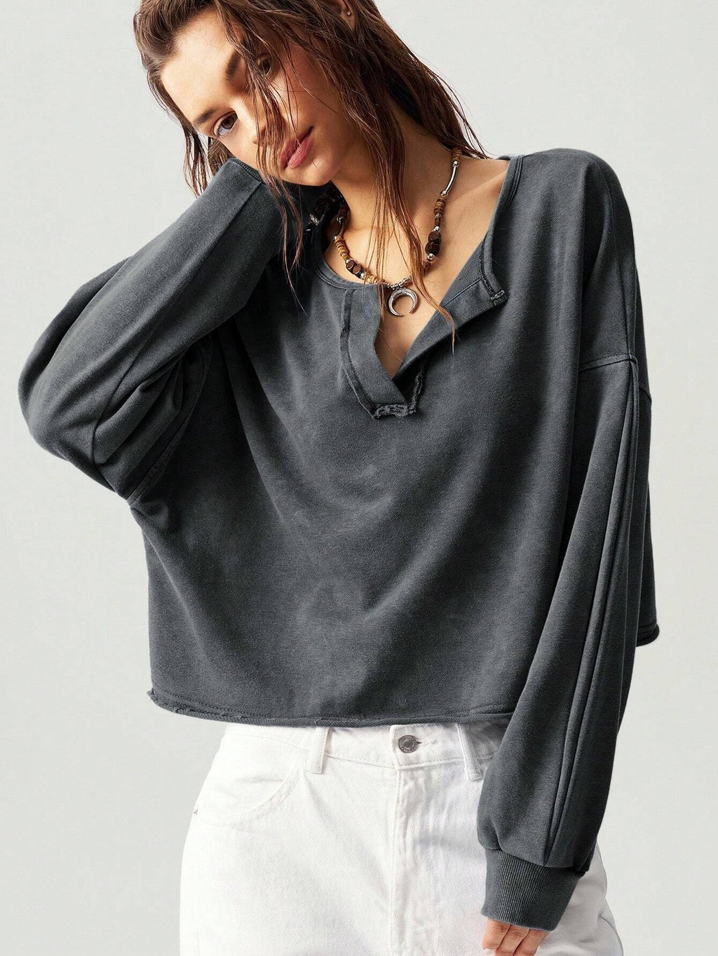 Pullover Holgado de Manga Larga con Cuello en V y Color Sólido