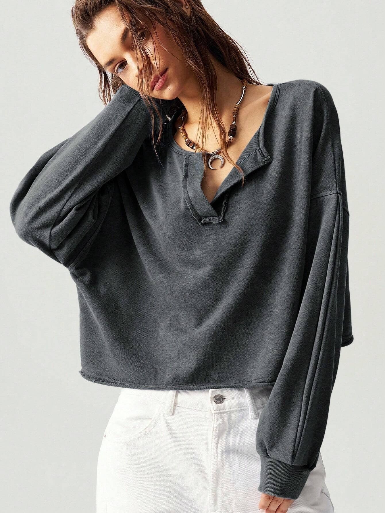 Pullover Holgado de Manga Larga con Cuello en V y Color Sólido