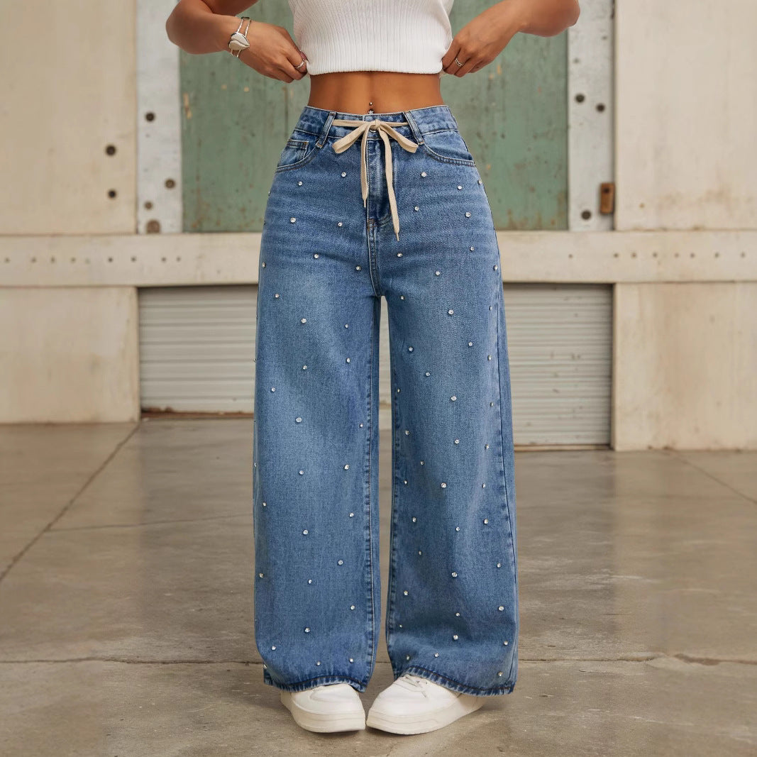 Pantalones de moda de cintura alta, rectos, sueltos, de pierna ancha tipo "mop" con adorno tipo baht.