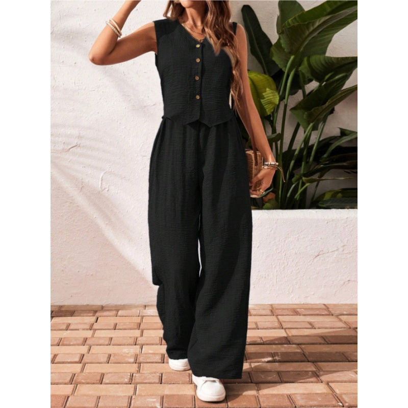 Chaleco y pantalones de lino para uso casual y de oficina, con cierre frontal de botones.