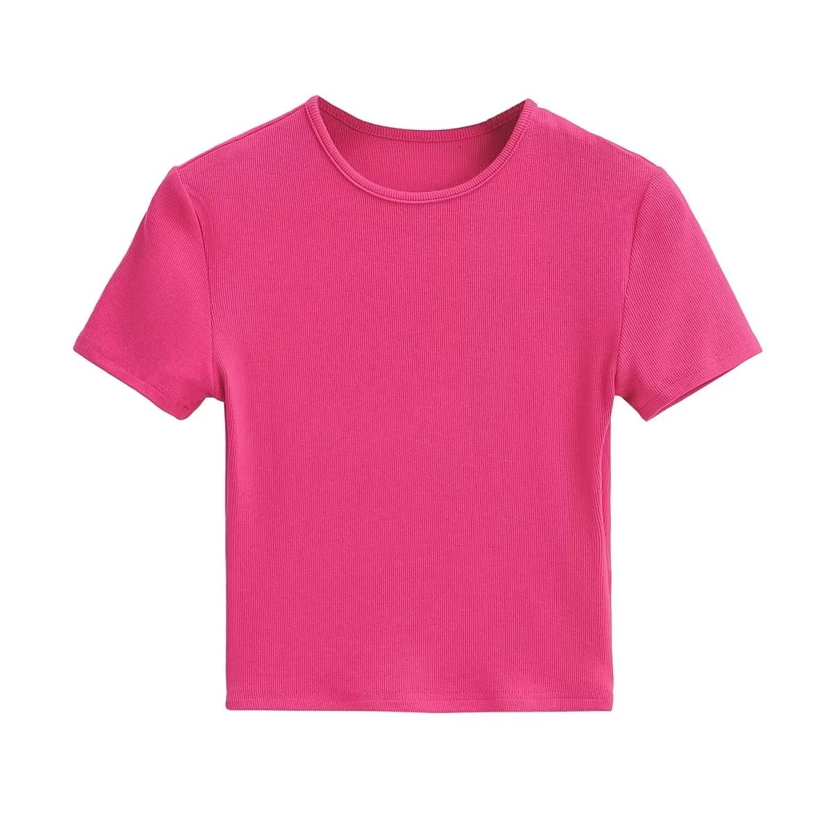 Camiseta básica ajustada de color sólido con cuello redondo