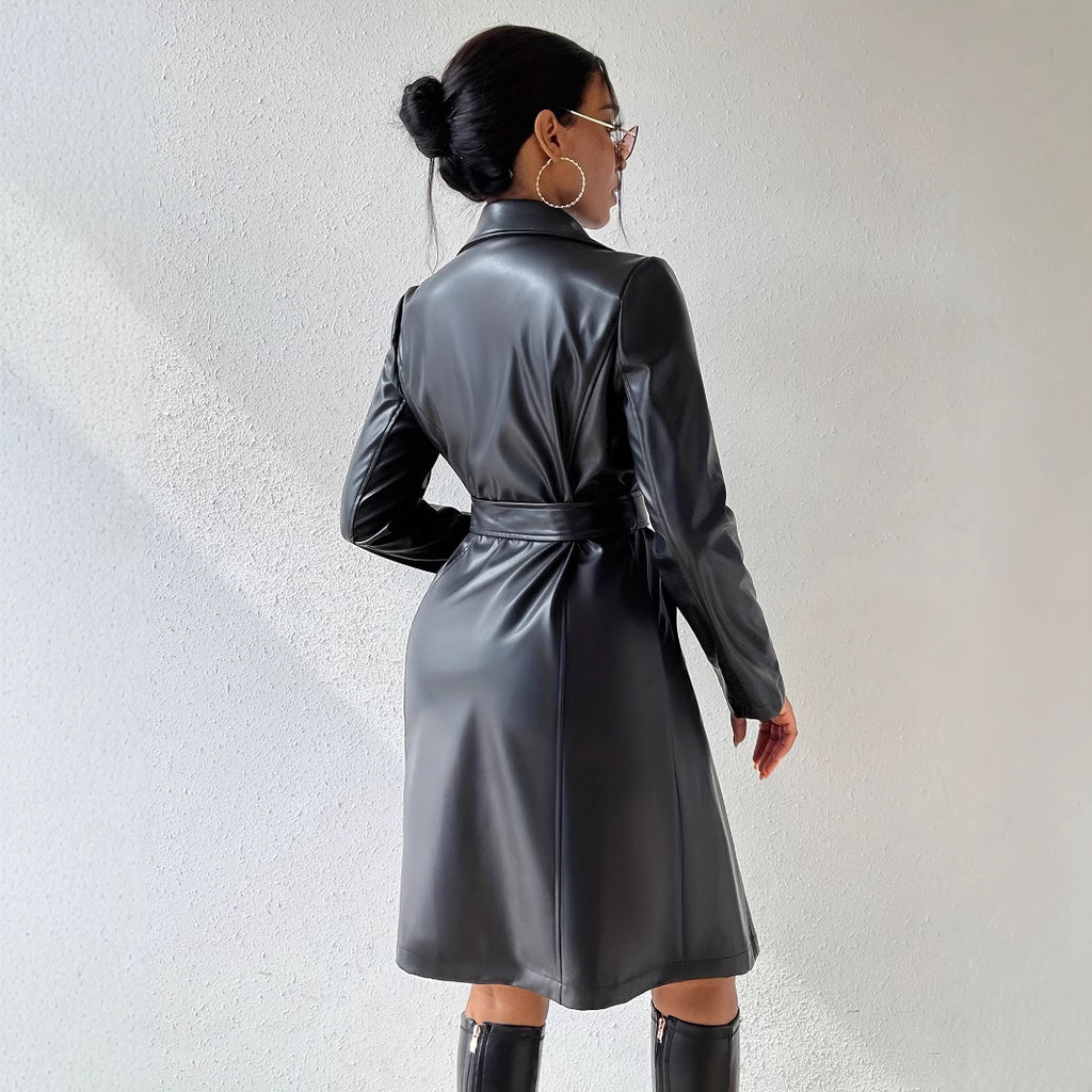 Gabardina Larga Slim Fit para Mujer de PU con Mangas Largas