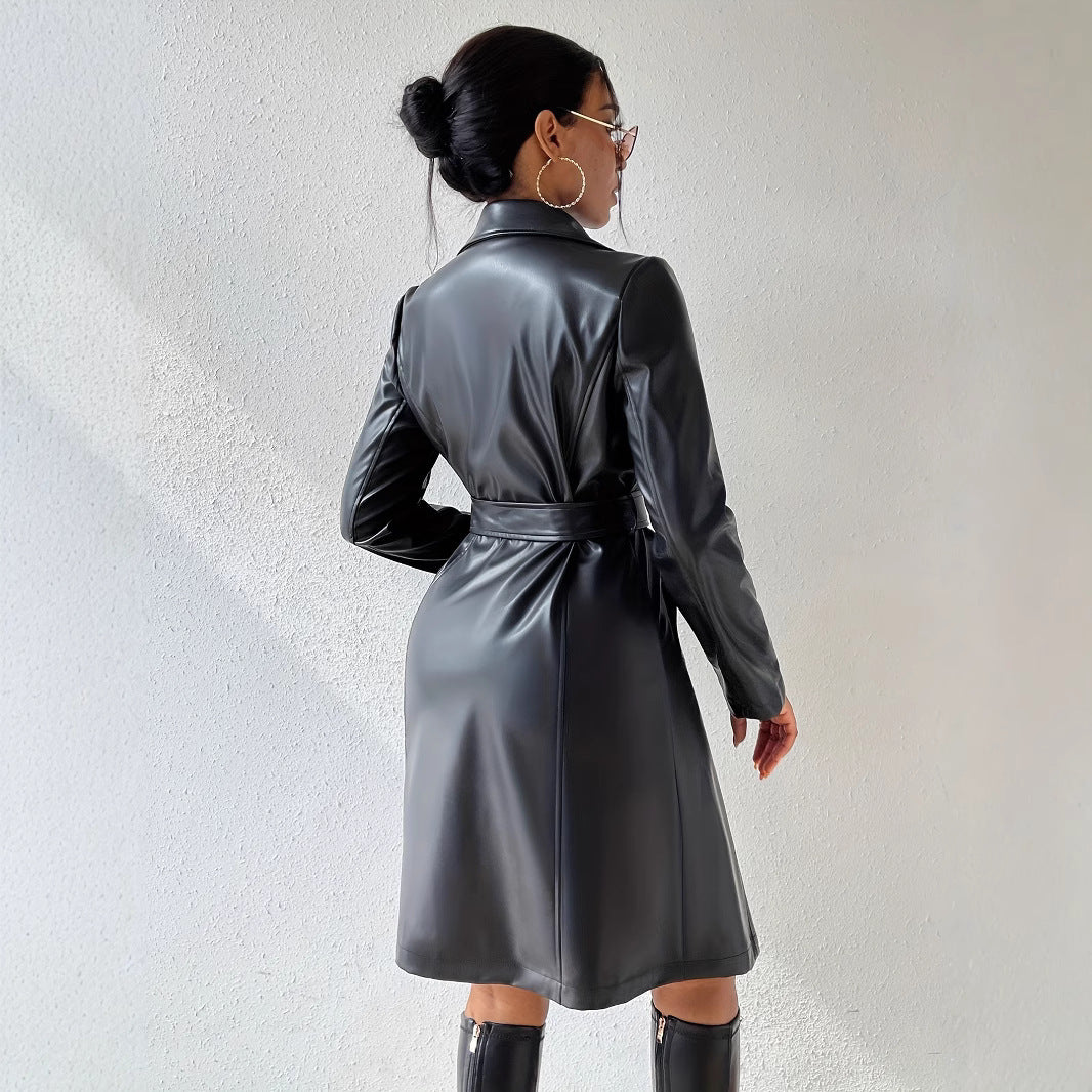 Gabardina Larga Slim Fit para Mujer de PU con Mangas Largas