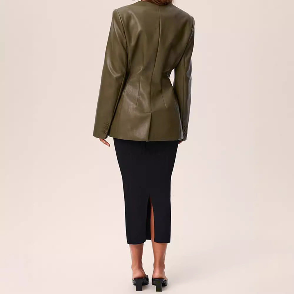 Abrigo Elegante Verde de Cuero con Escote en V y Corte Slim