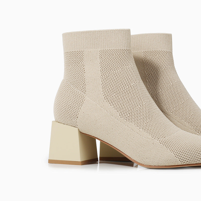 Botines de Punto Elástico con Tacón Grueso – Mujer