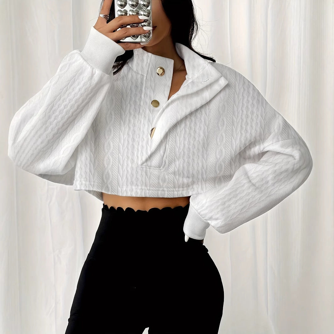 Sudadera Corta para Mujer con Cuello Alto y Botones Frontales