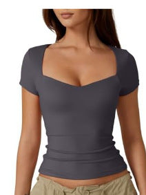 Blusa de moda para mujer, color sólido, slim fit, corte corto
