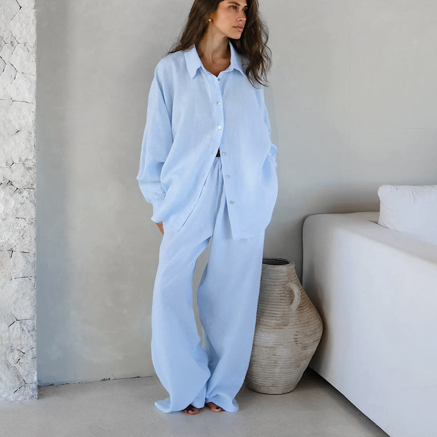 Conjunto de dos piezas suelto de algodón y lino, transpirable, con pantalones y top de manga larga.
