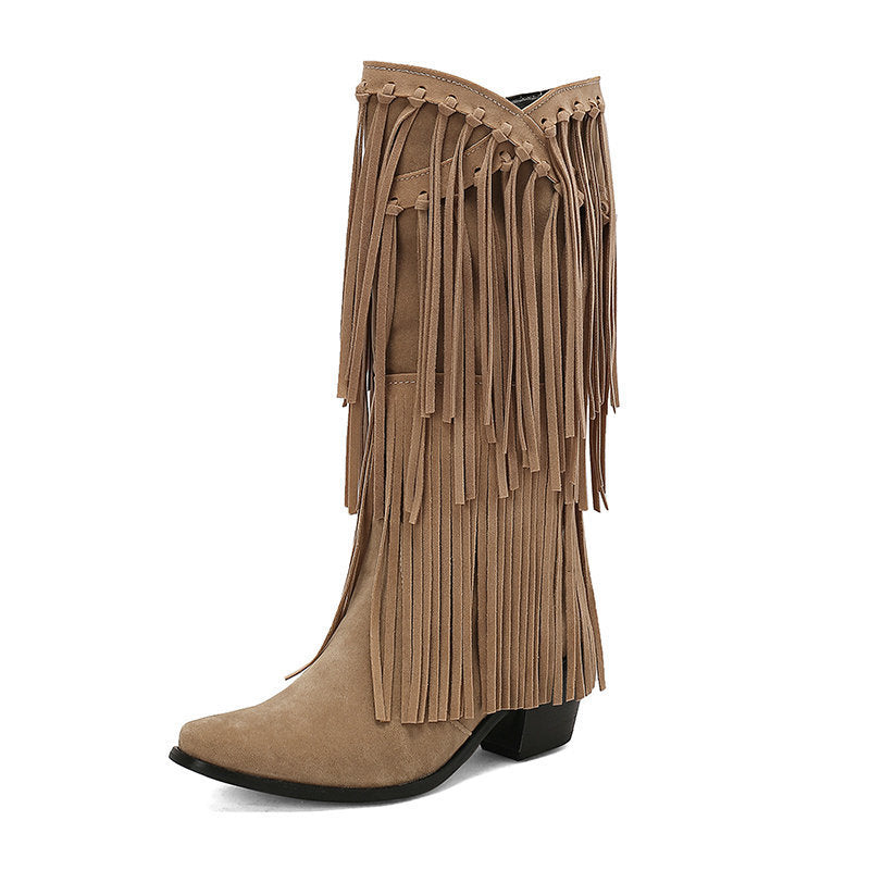 Botas Altas de Gamuza con Tacón y Flecos para Mujer – Otoño e Invierno