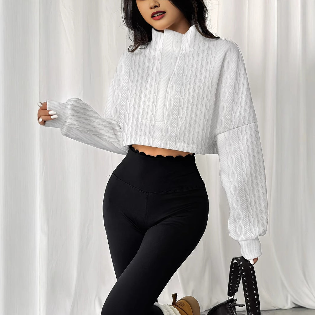 Sudadera Corta para Mujer con Cuello Alto y Botones Frontales