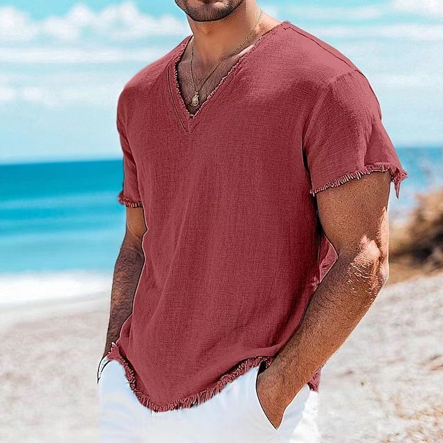Playera de algodón y lino para hombre, manga corta