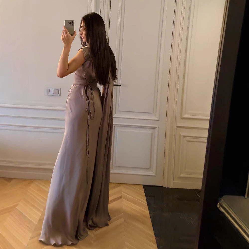 Vestido de Fiesta de Satén con Cinta y Pliegues
