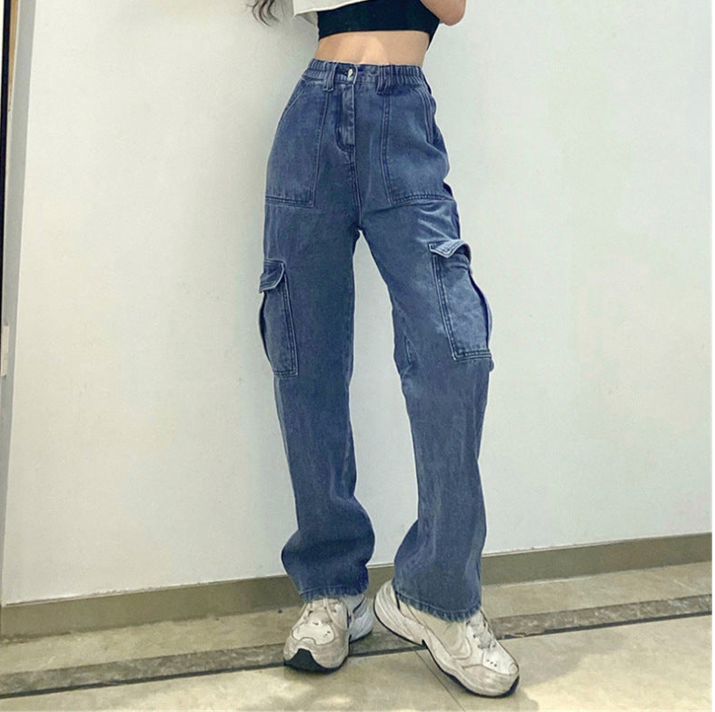 Pantalones de Trabajo Estilo Casual con Múltiples Bolsillos, Corte Recto y Cintura Alta