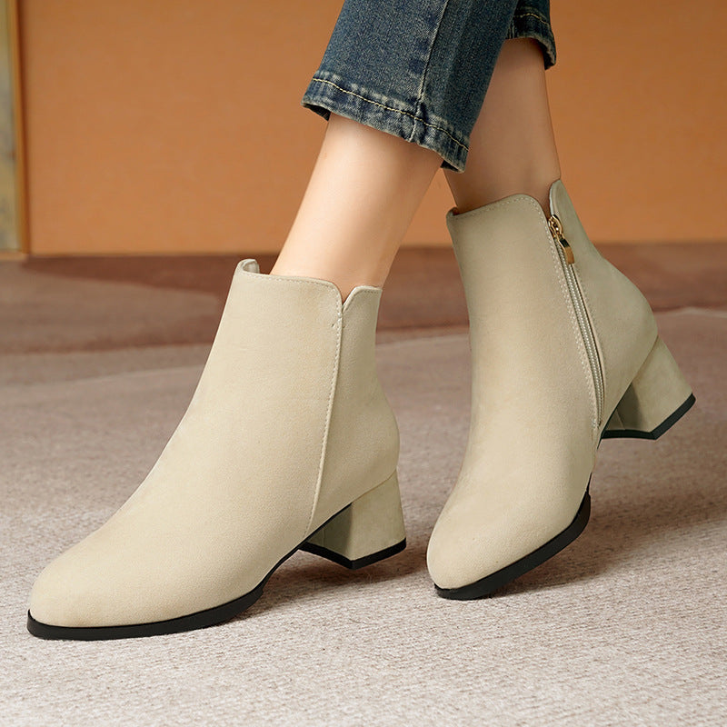 Botas para Mujer Tallas Grandes de Gamuza Frosted con Punta Puntiaguda, Cremallera Lateral y Tacón Grueso Medio