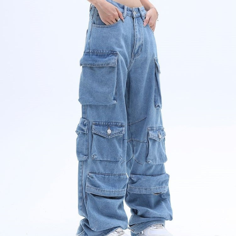 Jeans holgados estilo americano de calle alta con múltiples bolsillos y lavado desgastado.